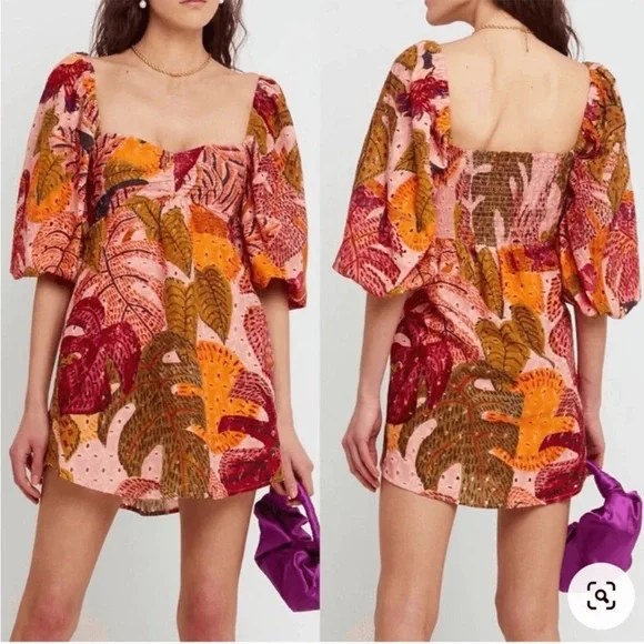 Anthropologie Kourt “Robbie” Cotton Eyelet Mini Dress, Tropical Palm Print - Picture 2 of 12